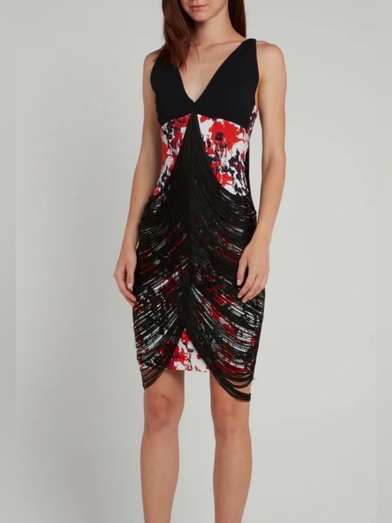Roberto Cavalli Dresses & Skirts - Roberto Cavalli Black and draped Red Fringe-Overlay V-Neck Dress